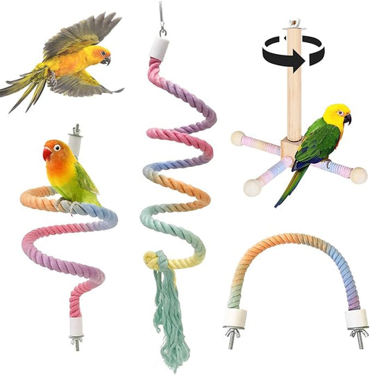 4-Piece Bird Toys for Parrots - 360° Rotating Wooden Perches for Cages, Interactive Bird Cage Accessories with Swing & Ladder, Suitable for Small-Medium Parrots, Parakeets, Cockatiels