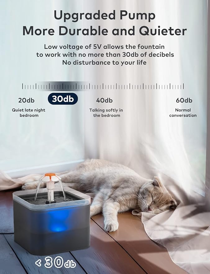 Cat Water Fountain 2 Liter : Cat Fountains for Drinking with Light - Small Pet Water Fountain - Kitty Water Fountain Cute - Cat Fountains for Drinking Easy to Clean - Including 4 Filters + 2 Sponges
