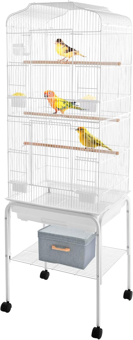 Extra Large Bird Cage, 54" Rolling Breeding Flight Bird Cages w/ 360° Wheels, Open Play Top Bird Cage with Detechable Stand for Parrots, Caiques, Macaw (White)
