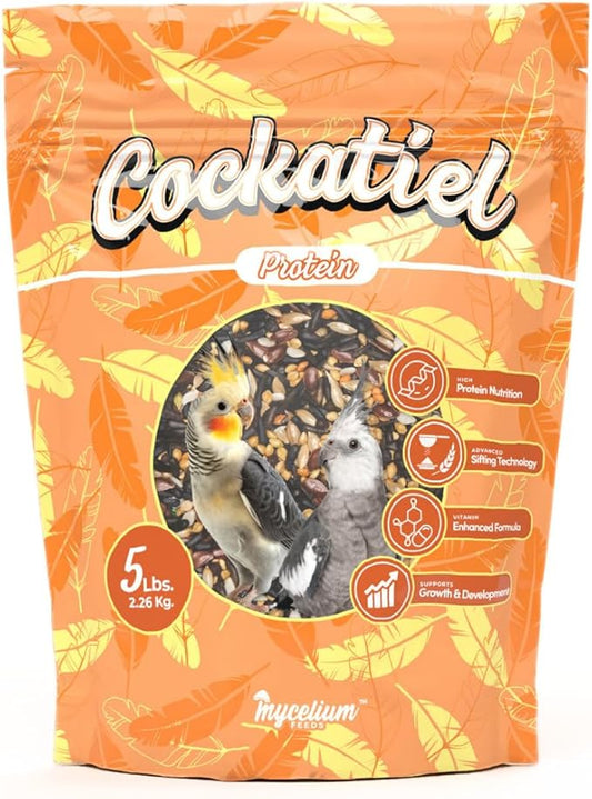 Mycelium Organic Cockatiel Protein Feed (5 LB Bag) | High-Protein, High-Fat Bird Seed for Energy, Growth, & Development | Seed & Superfood Blend for Cockatiels | Non-GMO, Made in USA
