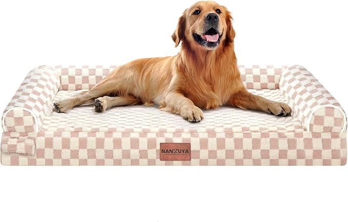 Large Dog Bed Orthopedic Washable: Beds Bolster XL Bed Big XLarge Dogs Egg Crate Foam Couch Sofa Waterproof with Removable Cover - Pink Grid