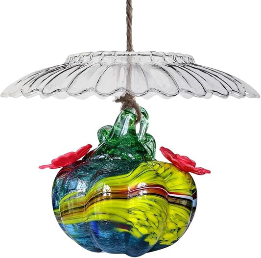 Small Glass Hummingbird Feeders for Outdoors Hanging + Rain Cover - Hand Blown Glass Pumpkin Nectar Feeding, 2 Flowers Feeding Ports, Decor for Garden/Backyard Outside, Multi Color