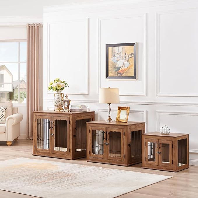 beeNbkks Furniture Style Dog Crate End Table, Double Doors Wooden Wire Dog Kennel with Pet Bed, Decorative Pet Crate Dog House Indoor Medium Large