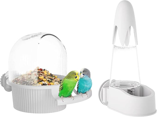 No Mess Bird Feeder Water Dispenser Set, Automatic Hydration, Bird Cage Accessories for Cockatiels Parrots Lovebirds Canarys Finches Budgies and Other Small to Medium Sized Birds (White + White)