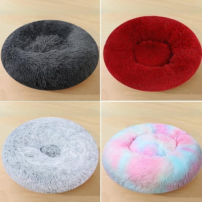 Calming Large Dog Bed & Cat Bed, 43 Inch Anti-Anxiety Donut Dog Cuddler Cat Bed, Warming Cozy Soft Dog Round Bed, Fluffy Faux Fur Machine Washable Pet Cushion for Medium Dogs & Cats (Khaki)