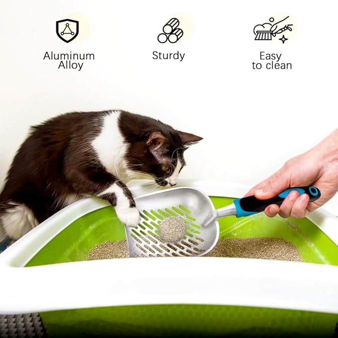 Cat Litter Scoop-Metal Cat Scooper-Long Handle Scoop,Cat Scooper-Poop Sifting-Mesh Shovel-Suitable for Cat Litter Box(Blue)