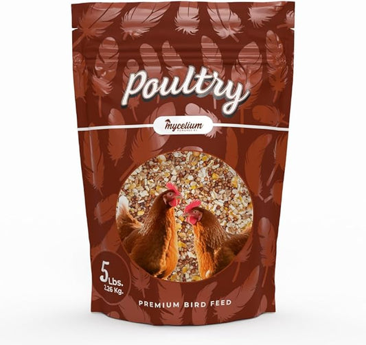 Mycelium Premium Poultry Scratch | Bird Food for Chickens, Quails & Game Birds | Organic, Non-GMO Seed Treat with Corn, Wheat & Milo | Supports Natural Foraging & Digestion | Made in USA, 5 lb Bag