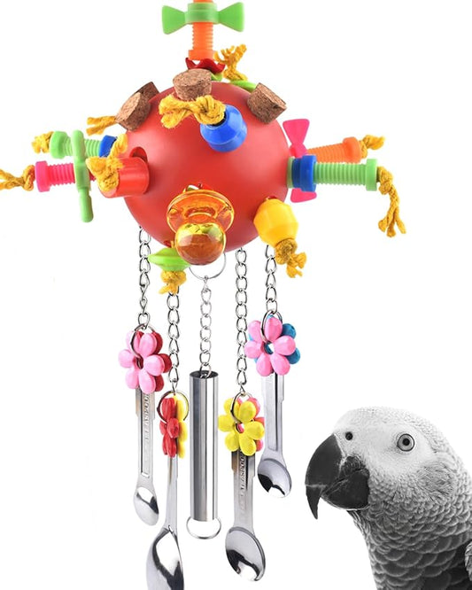 KATUMO Parrot Toys - Colored Chew Toys & Bird Spoons for Amazon Parrot, African Grey, Conure, Caique, Quaker, Small Cockatoo, Mini Macaw, Eclectus & Similar Small Medium Birds
