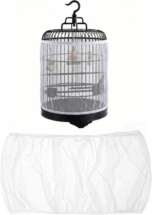 2 Pcs Bird Cage Seed Catcher, Adjustable Bird Cage Net Cover, Reusable Soft Nylon Cover for Parrot Enclosures (White)