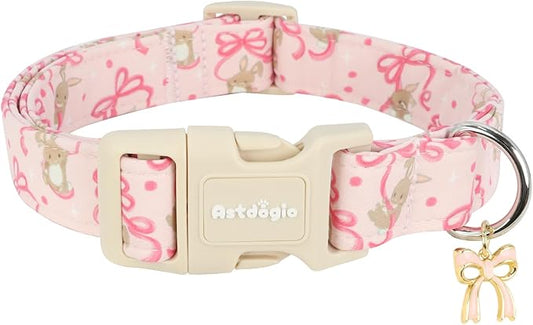 Easter Dog Collar, Spring Pink Dog Collar with Pink Bow & Rabbit, Adjustable Cotton Puppy Collars Girl Boy Collar for Small Medium Large Dogs -M