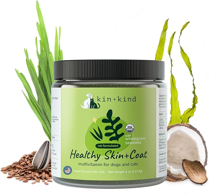 kin+kind Organic Multivitamin for Dogs & Cats - Pet Supplement for Healthy Skin and Coat - Safe, Natural Formula with Wheatgrass, Kelp, Seaweed and Coconut - Made in USA - 4oz (Medium)