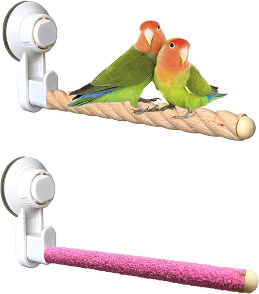 2Pcs Bird Perch With Suction Cup, Wooden Parrot Stand, Shower and Window Perch, Grinding Stick Training Toys, Wall Bath Car Travel Stand for Small and Medium Birds