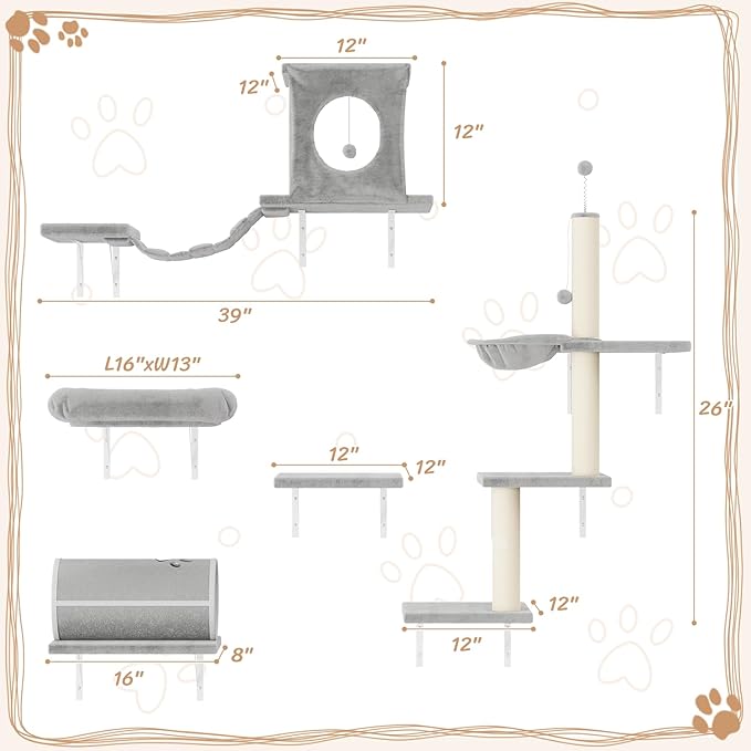 NUNU LAB Cat Wall Shelves Set, 7 Pcs Wall-Mounted Cat Climber with Cat House, Tunnel, Bridge, Scratching Post, Hammock, Wall Shelves, Gray