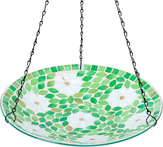 MUMTOP Mosaic Hanging Bird Bath-Bird Baths for Outdoors - 12 Inch Glass Birdbath Bird Water Bowl Bird Feeders for Outside, Garden, Lawn Yard Decor（Flower & Leaf）
