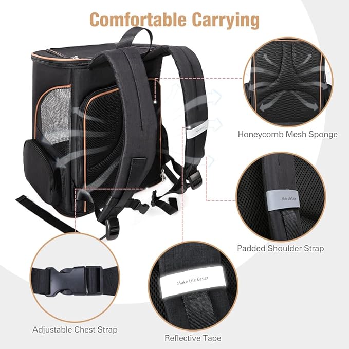 Lekereise Black Cat Backpack for Large Cats and Dogs Up to 20-25 Lbs Expandable Pet Carrier Backpack Dog Backpack with Safety Leash