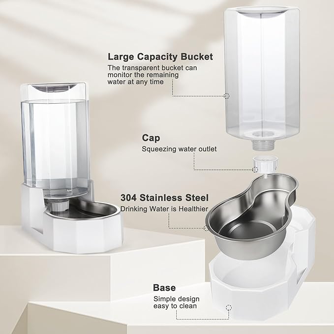 Sfozstra Automatic Pet Water Dispenser: 8L White Gravity Stainless Steel Water Bowl- Without Filter- Angular Water Feeder for for 30-60 LB Senior Pet Dogs with Neck Pain Relief in Living Room Bedroom