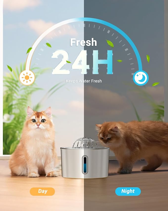 Cat Water Fountain Stainless Steel - 74oz/2.2L Corded Pet Water Dispenser Automatic Silent Cats Dispenser for Drinking Inside Indoor Metal Kitty Spout Fountain with 6 Filters & 6 Sponges