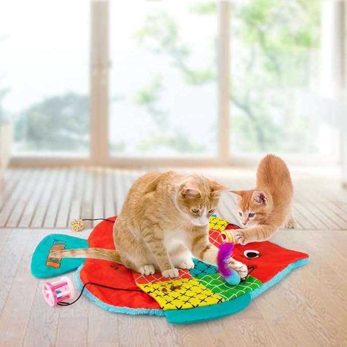 AWOOF Cat Mat, Cute Soft Catnip Mat, Cat Activity Mat Machine Washable Catnip Toys Interactive Cat Toys for Indoor Cats (Fish Shape)