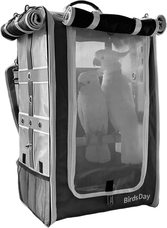 Birds Day Bird Carrier Backpack-Parrot Travel Cage with 2PCS Perch and Food Bowl, Stainless Steel Tray (Charcoal Gray, Cockatoo & Similar)