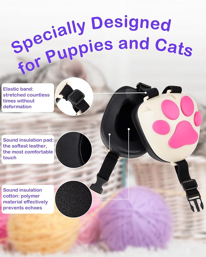 Calming Earmuffs for Cats and Small Dogs - for Anxiety Relief - Noise Canceling for Fireworks, Thunderstorms, Pet Grooming & Force Drying - Dog Ear Muffs Noise Protection (White, Medium)