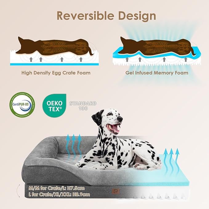 EHEYCIGA Orthopedic Dog Bed for Medium Dog, 30x20x6.5 Inch Memory Foam Dog Couch Bed with Sides, Waterproof Liner & Washable Removable Cover, Bolster Pet Sofa, Grey