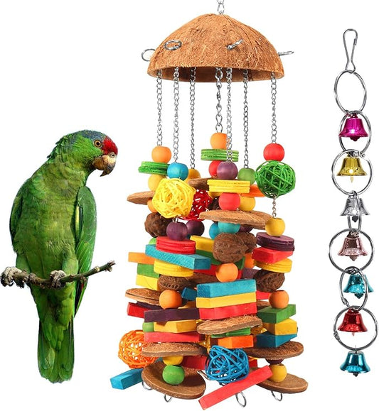 Bird Parrot Toys Natural Large Parrot Blocks Toy Colorful Bird Chewing Toys with Bells for Macaw Cockatoo African Grey Parakeets (Multicolor 01)