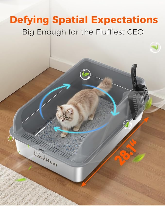 XXXL Stainless Steel Cat Litter Box 28.1''×20.5''× 10.1” Extra Large Metal Cat Litter Box for Big, Multi Cats, Anti-Leakage & Non-Stick Metal Pan, Easy to Clean, Durable (Dark Grey