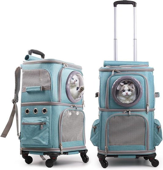 2-in-1 Pet Carrier Backpack for Two Cats or One Dog with Puller & Roller, Green Double Compartments Carry Bag for Large Fat Cat and Puppy Traveling and Hiking, Space Capsule Clear Bubble Dome