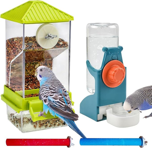 Hamiledyi No Mess Bird Feeders Water Dispenser Set Parakeet Seed Container Automatic Cage Feeder with Perch Transparent Cage Accessories for Budgies, Parakeets, Canaries, Lovebirds, Finches