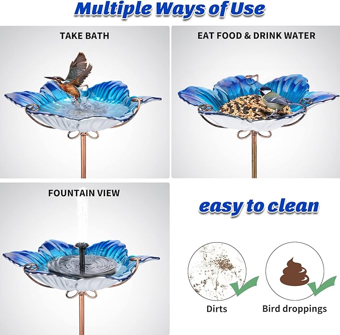 MUMTOP Bird Baths for Outdoors Glass Bird Bath Bowl Outdoor Bird Feeder Flower Pattern with Metal Stake for Garden, Yard and Lawn Decor(Blue)