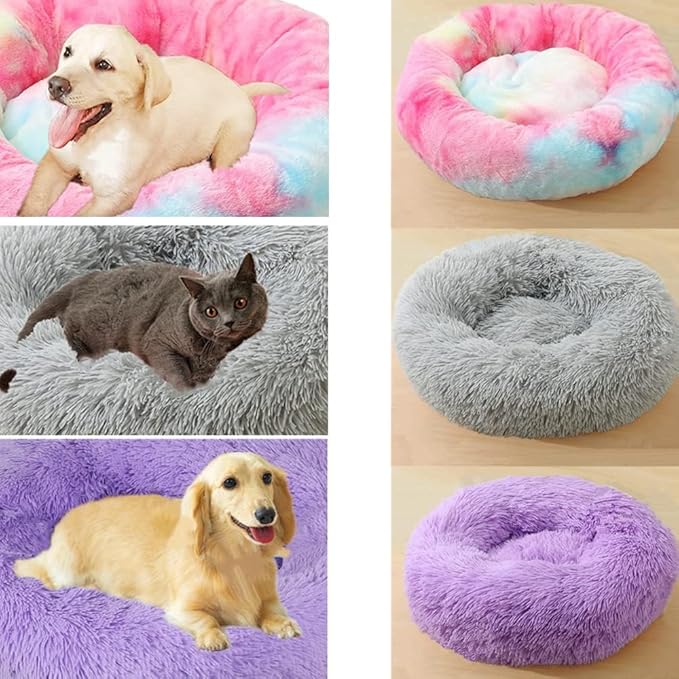 Large Calming Dog Bed, 47 Inch Anti-Anxiety Donut Dog Cuddler Cat Bed, Warming Cozy Soft Dogs Round Bed, Fluffy Faux Fur Machine Washable Pet Cushion for Medium Large Dogs & Cats (Rose White)