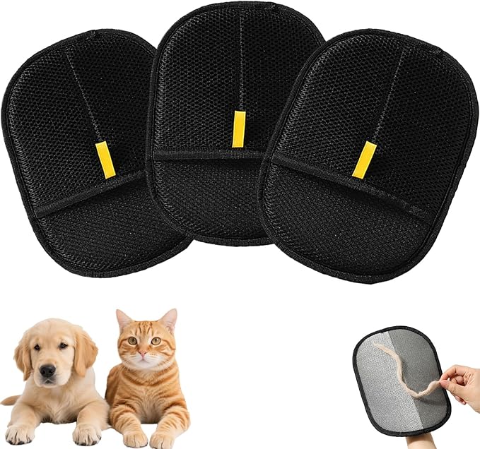 3Pcs Electrostatic Pet Hair Cleaning Gloves, 2025 Pet Hair Remover Glove, Washable Reusable Dogs Cats Hair Gloves for Furniture Bed Sheets Couch Clothes Carpet Car Seat