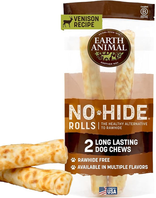 Earth Animal No Hide Chews - Long Lasting Rawhide Free Large Dog Chews Rolls, Venison - 2 Count