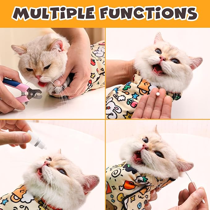 Cat Grooming Wrap, Self-Adherent Soft Cat Blanket to Wrap, Nail Clipping, Anti-Bite, Anti-Scratch, Anti-Escape Calming Wrap (Cute Prints, 10-13 lbs)