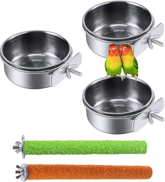 PINVNBY Bird Feeding Dish Cups,5.5x2.0 Inches Parrot Stainless Steel Food Water Dish Perch Stand Platform Paw Grinding Toy Feeder Cage Bowl with Clamp Holder for Budgies Parakeet Macaw(5 Pack L)