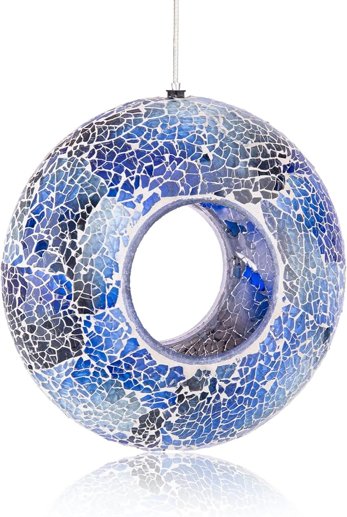 VCUTEKA Bird Feeder Mosaic Fly Through Bird Feeders for Outside Hanging with Round Shape Glass Container to Attract More Wild Birds for Garden, Yard, Backyard, Deck and Porch Decor, 8-Inch