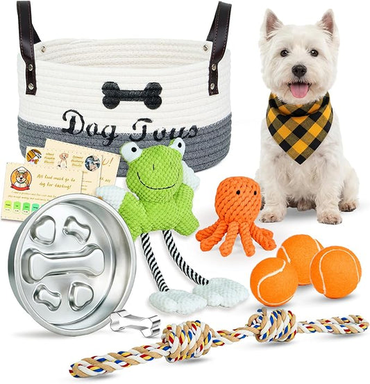 14Pcs New Puppy Gift Basket, Complete Premium Welcome Puppy Starter Kit and Dog Gift Basket with Dog Toys Bundle, Pet Essentials for New Owners, Perfect Dog Birthday Set for Small to Medium Breeds