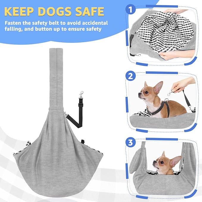 Lukovee Pet Sling, Hand Free Dog Sling Carrier Adjustable Padded Strap Tote Bag, Shoulder Bag with Safety Belt & Front Pocket for Small Dog Cat Puppy (Grey-WY,L)