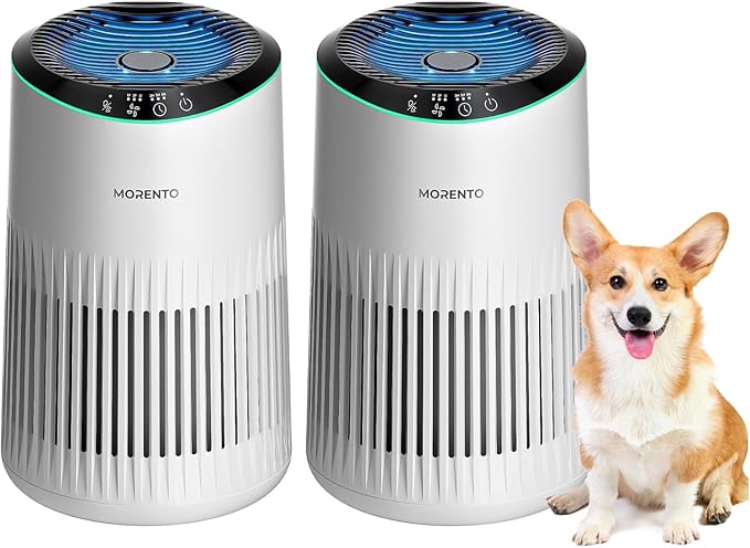 Air Purifiers for Bedroom Home with Sleep Mode for Smoke Pet Dander Odors, Small Air Purifier with Fragrance Sponge, Blue Ambient Light, 23dB Quiet, 2 Pack White