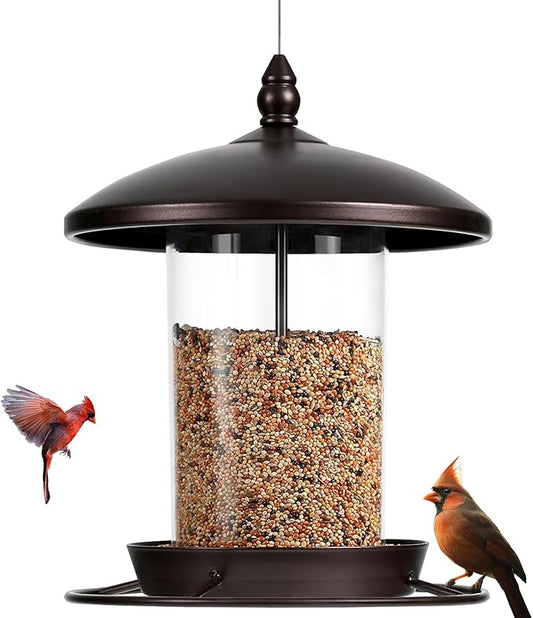Metal Bird Feeder for Outdoors Hanging,3.0LB Seed Feeder,Easy to Fill & Clean,360° Feeding,Weatherproof Roof for Gardens and Wild Birds,Brown