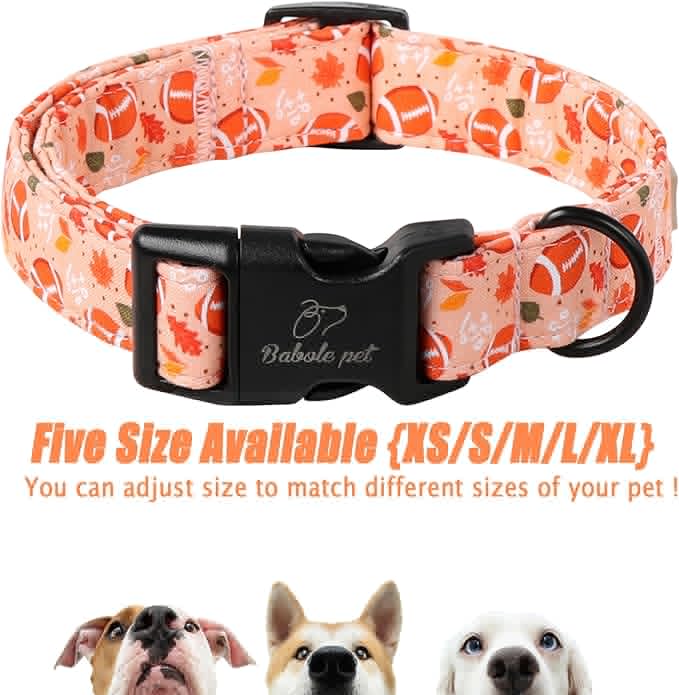 Fall Dog Collar, Cute Football Pattern Puppy Collar, Orange Adjustable Cotton Holiday Tanksgiving Dog Collars for Small Medium Large Boy&Girl Dogs M