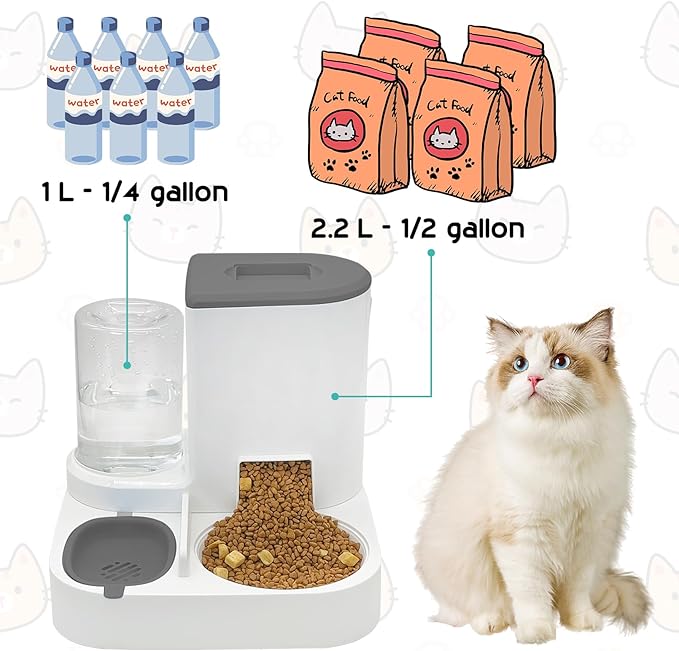 Fhiny Gravity Cat Feeder and Water Dispenser, 2 in 1 Automatic Pet Waterer Detachable Stainless Steel Food Bowls Set Pet Food Storage for Small Dog Puppy Cat Kitten Pet Easy Clean (Grey)
