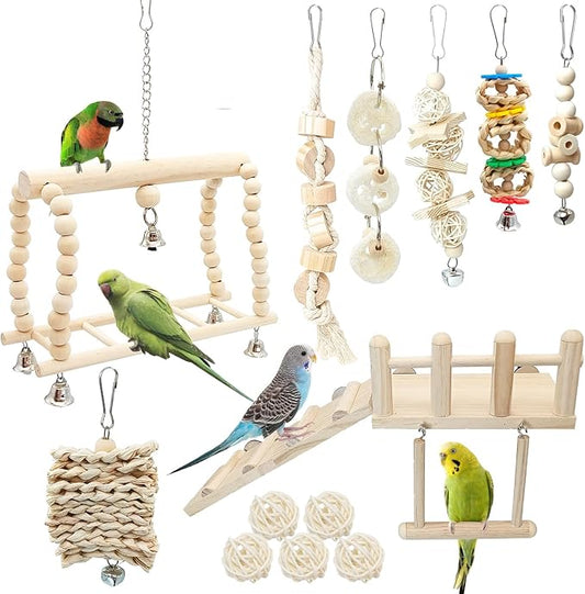 Hamiledyi 13Pcs Parrot Swing Chew Toys Bird Perches Platform with Climbing Ladder Hanging Cage Accessories for Parakeet, Conure, Finch, Lovebirds, Budgie, Canary Standing