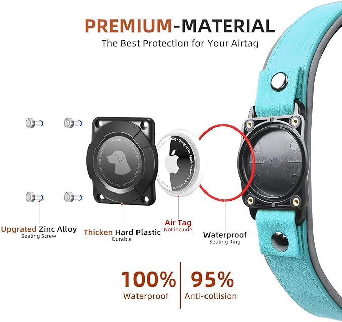 AirTag Dog Collar - Leather Dog Collar with Air Tag Holder | IPX8 Waterproof, Reflective, High - End, Adjustable Soft Padded | Dog GPS Tracker Collars Fit for Medium Large Dogs (Light Blue, L)