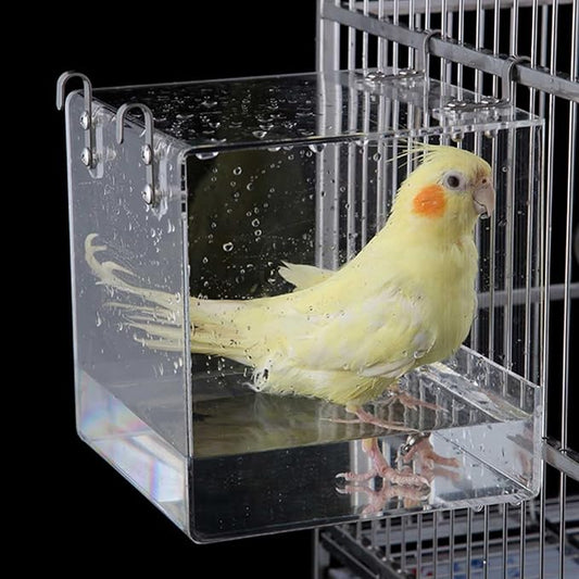 Hanging Cube Bird Bath Cage, Transparent Bird Bathtub Bath Shower with Stainless Steel Hooks for Small Bird Canary Parakeet Budgerigar Parrots Crested Myna Cockatiel Lovebird (Large)