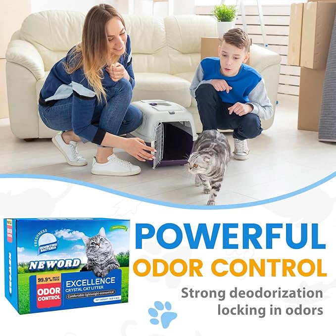 NEWORD Crystals Cat Litter Superior Odor Control 14 lbs Total (2 Pack of 7lb Bags) Soft-On-Paws Low Tracking Dust-Free White Silica Gel, Unscented