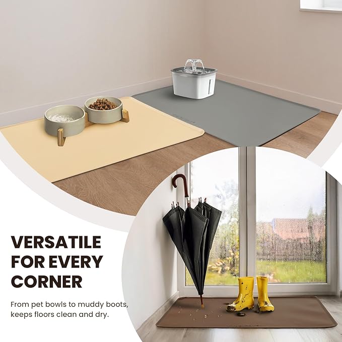 VIVAGLORY Dog Food Mat Flexmat Dog Bowl Mat, Placemat Food Tray with Raised Edges & Lip for Indoor Floor, Non Slip Waterproof Silicone Dish Placemat for Cat & Pet, L, Khaki