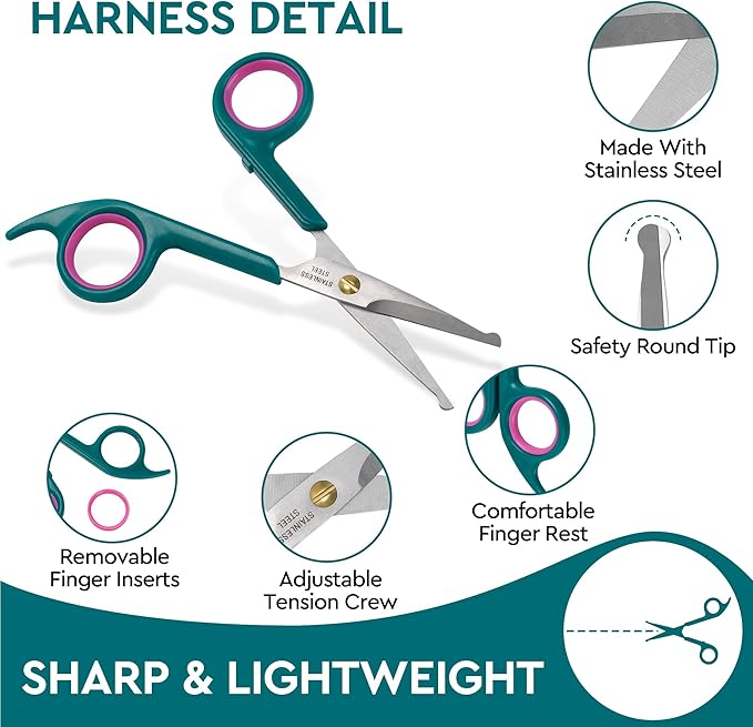Professional Dog and Cat Grooming Scissors, Pet Grooming Shears, Sharp Stainless Steel Blade With Round Tips - Safety Fur Trimming for Dogs, Cats (Set of 2)