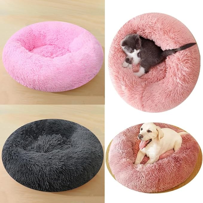 Calming Dog & Cat Bed, 24 Inch Anti-Anxiety Donut Cuddler Cat Bed with Anti-Slip Bottom, Washable Round Fluffy Pet Bed for Small Medium Dogs and Cats (Red)
