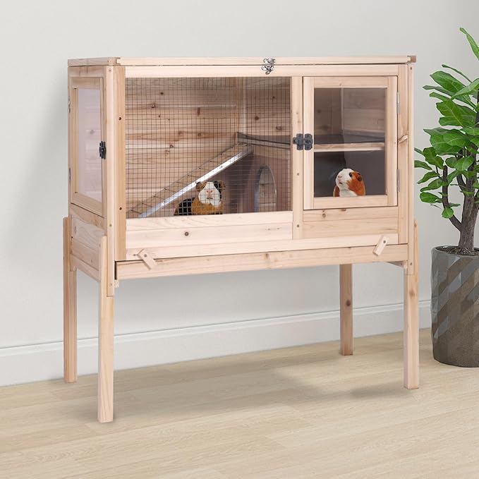 Indoor Bunny Cage Guinea Pig Cages - Wooden Small Animal Cage Rabbit Hutch with Chew-Proof Ramp, Pull-Out Tray, Leakproof PVC Layer & Detachable Legs for Rabbits, Guinea Pigs (Natural Wood)